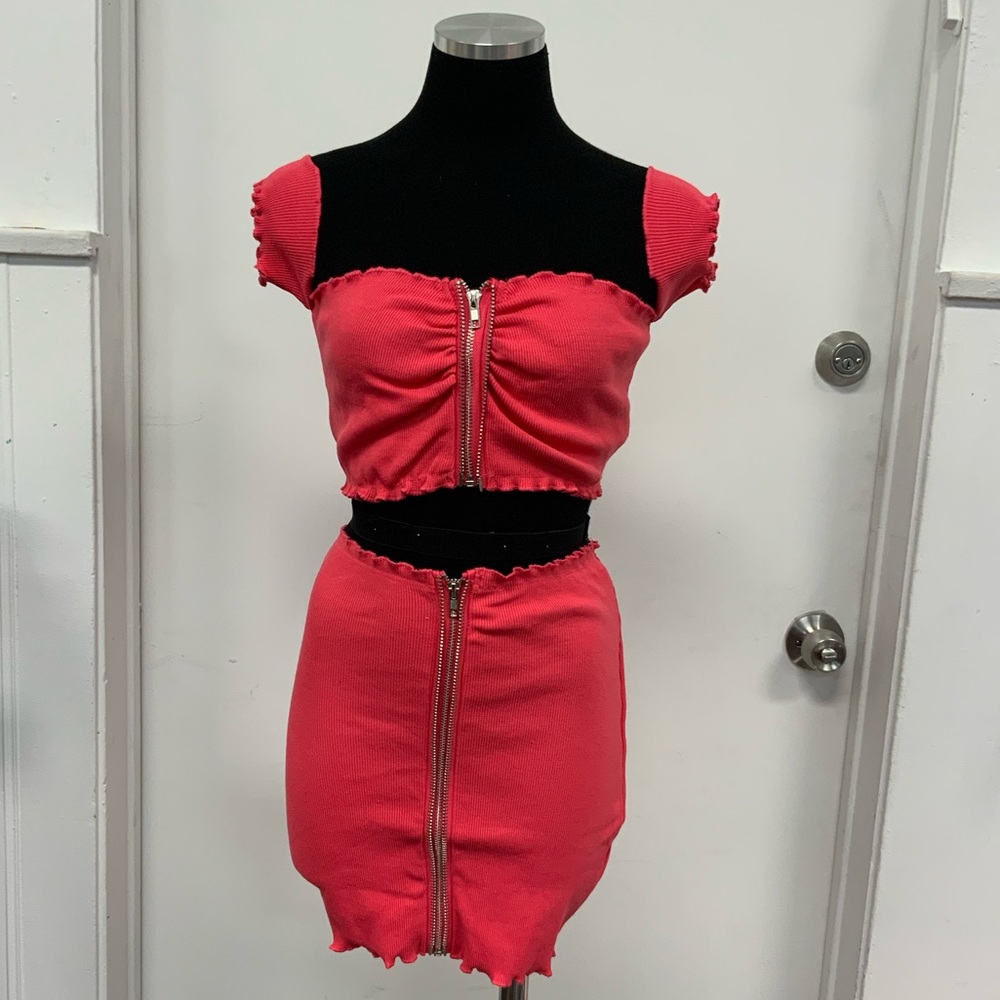 Ribbed Knit Zipper Set - Pink